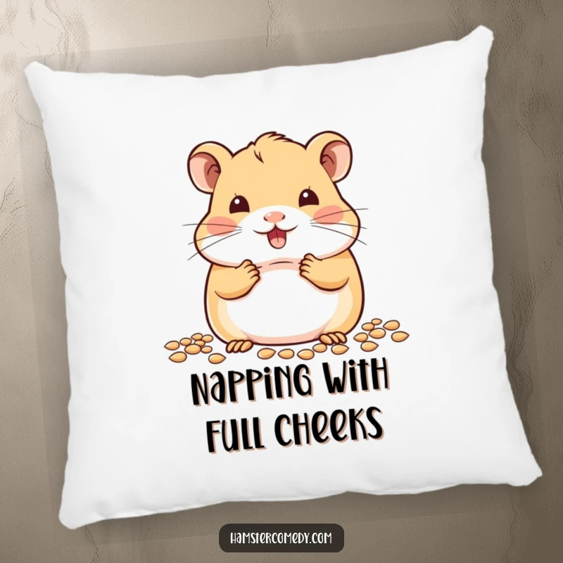 Soft pillow featuring an adorable kawaii hamster with incredibly full cheeks, happily munching on seeds.