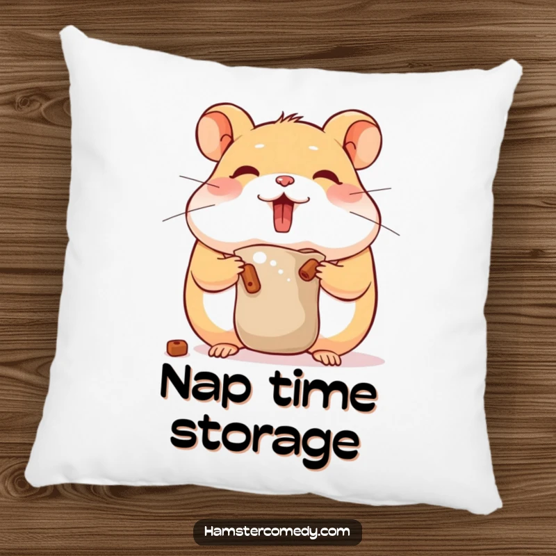 Funny hamster hoarding pillow with a character stuffing cheeks, providing comfort and a humorous food-loving accent, great gift.