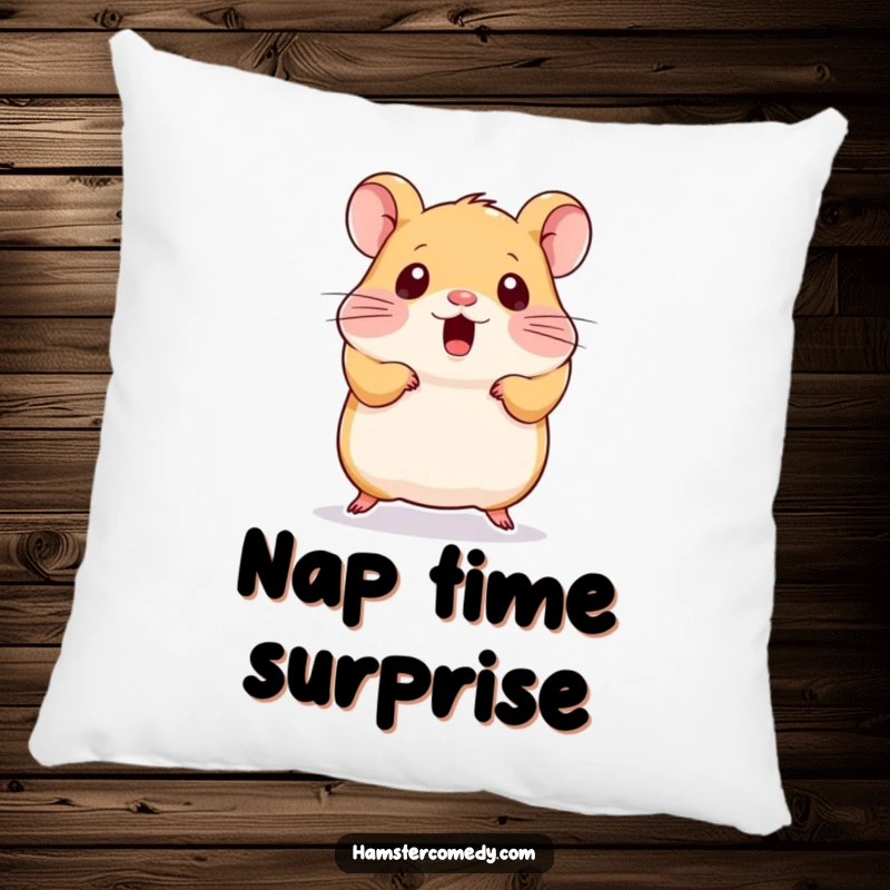 Funny Kawaii Hamster Pillow: A soft, plush pillow showcasing a surprised and happy kawaii hamster, perfect for adding comfort and humor.