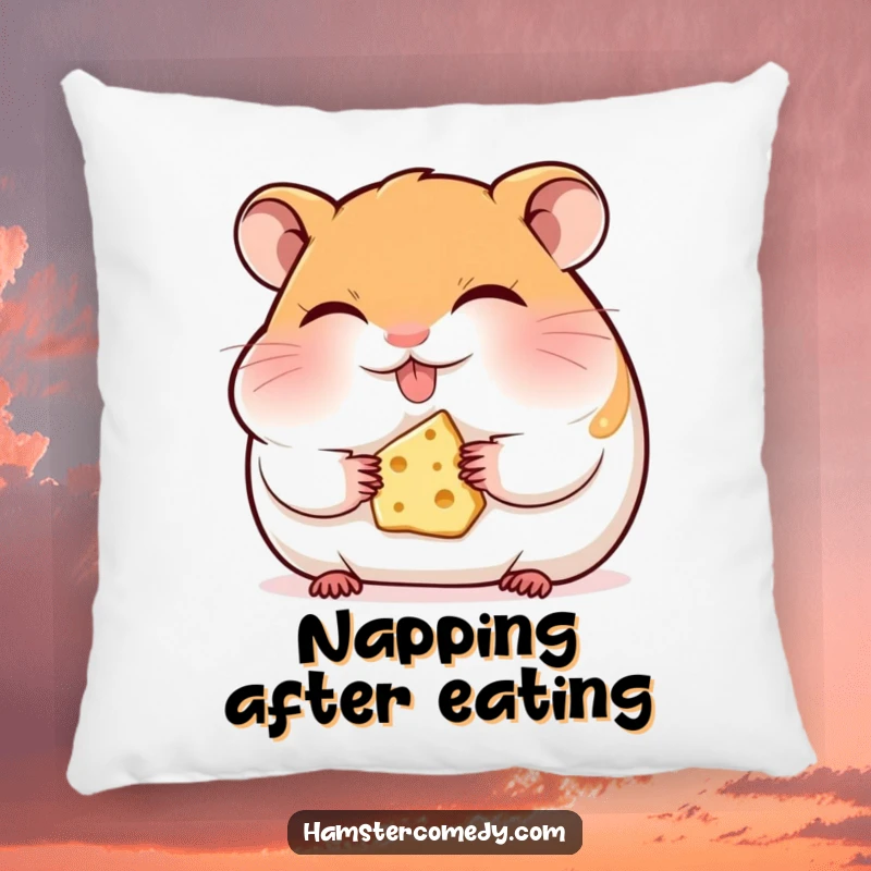Funny hamster pillow, eyes closed, happily munching cheese, soft, cuddly, and radiating pure foodie contentment.