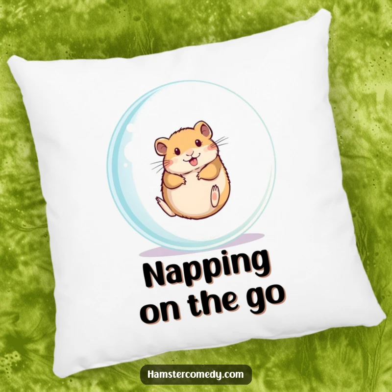 Funny hamster rolling inside a clear ball on a soft decorative pillow, ideal gift.
