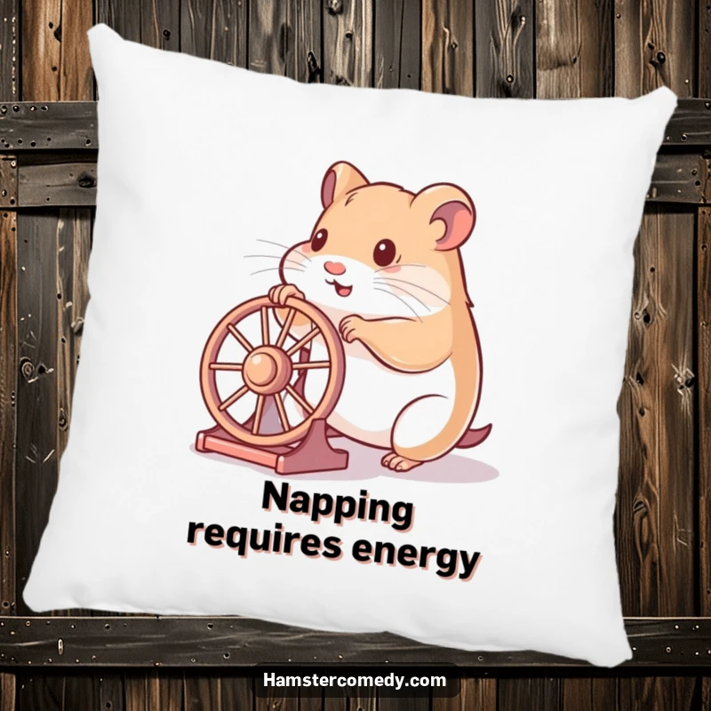 Funny hamster pillow featuring a hamster playfully pushing a wheel with its paws, offering comfort and a dose of humor.