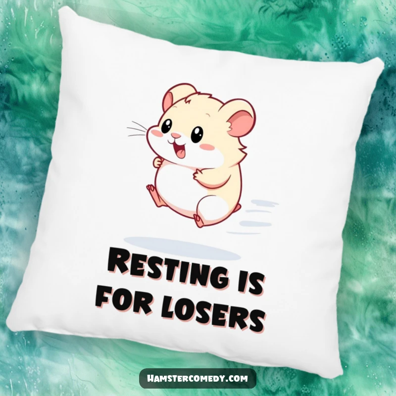 Funny Kawaii Hamster Pillow: A smiling hamster character is featured running on a wheel, bringing a cozy and humorous vibe.