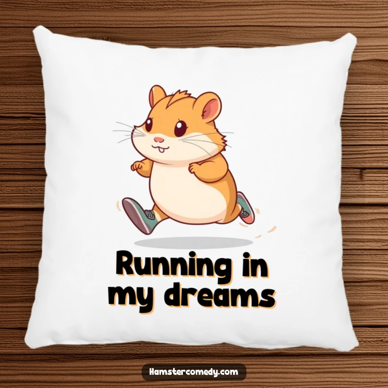Soft and cozy funny hamster runner pillow, wearing tiny shoes and sprinting with determination, offering comfort and inspiration.