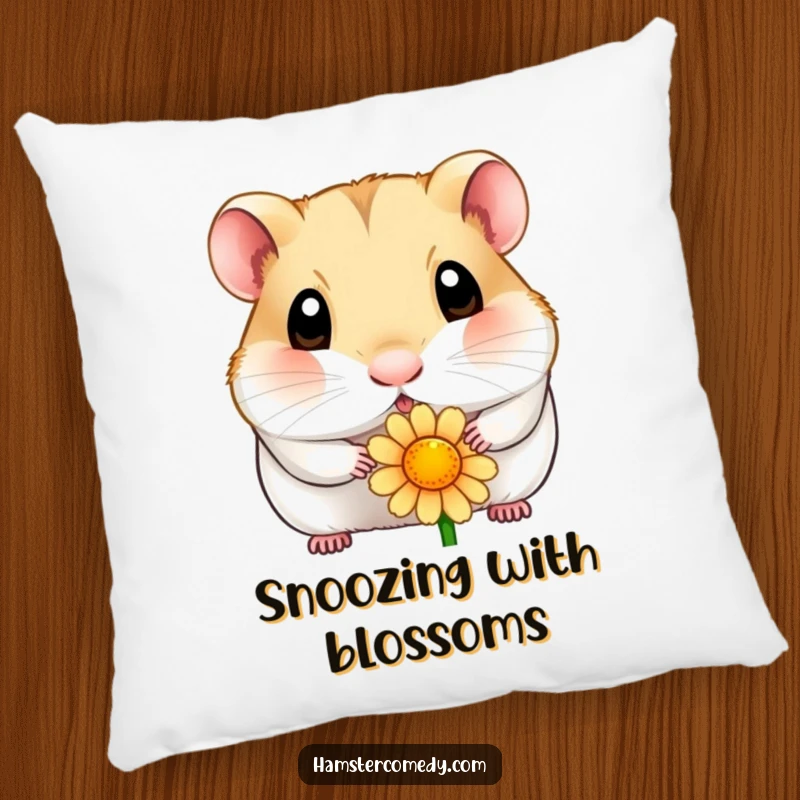 Funny hamster pillow featuring a wide-eyed hamster curiously sniffing a blooming flower, bringing gentle charm and comfort.