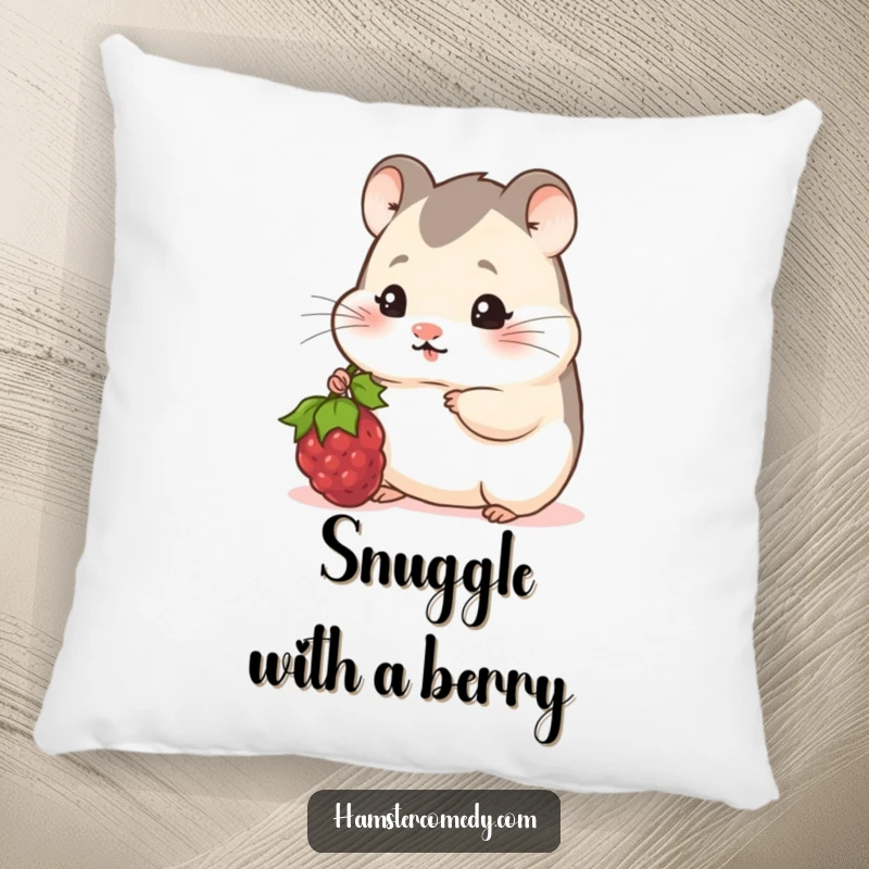 Funny Hamster Pillow: A shy hamster peeks out, offering a tasty berry with a bashful and humorous expression.