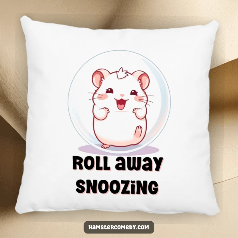Funny Hamster Pillow, soft and plush, depicts an excited character happily rolling inside a transparent ball.