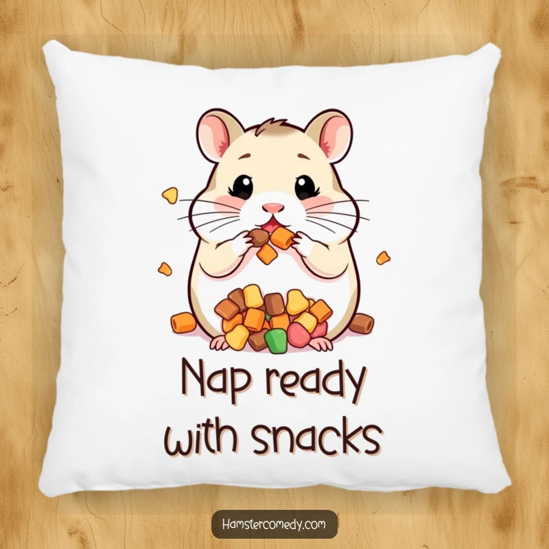 Funny pillow showing a kawaii hamster with its cheeks comically packed full of yummy treats.