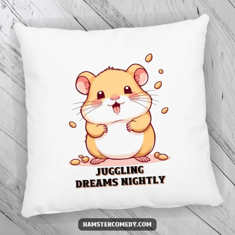 Funny pillow showing a kawaii hamster playfully juggling tiny seeds with impressive dexterity.
