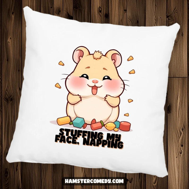 Funny Hamster Pillow with full cheeks comically hoarding items, soft and cuddly for ultimate relaxation.