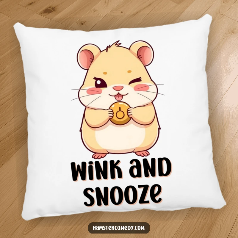 Funny Kawaii Hamster Pillow featuring a cute hamster with a mischievous wink and holding a button, designed for comfort and fun.