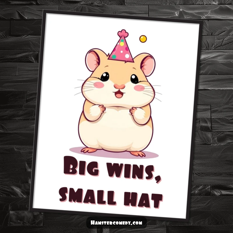 Funny hamster in a party hat, celebrating joyfully, rendered as a digital art print, perfect for humorous decor and as a funny gift.
