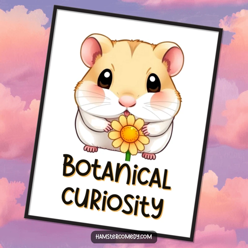 Funny hamster digital art print of a wide-eyed hamster curiously sniffing a beautiful flower, perfect for instant, charming decor.