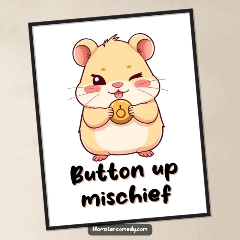 Funny Kawaii Hamster Digital Art Print of a cute hamster with a mischievous wink and holding a button, perfect for adding humor.