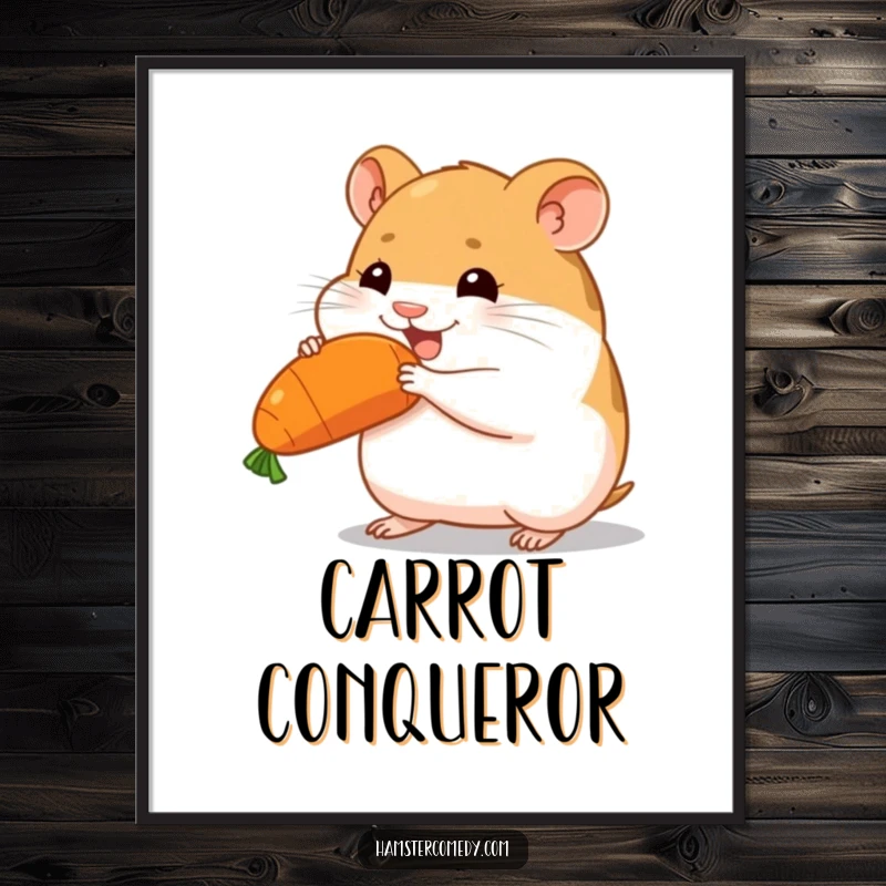 Funny hamster carrying a large carrot, determined expression, motivational digital art, ideal funny gift.