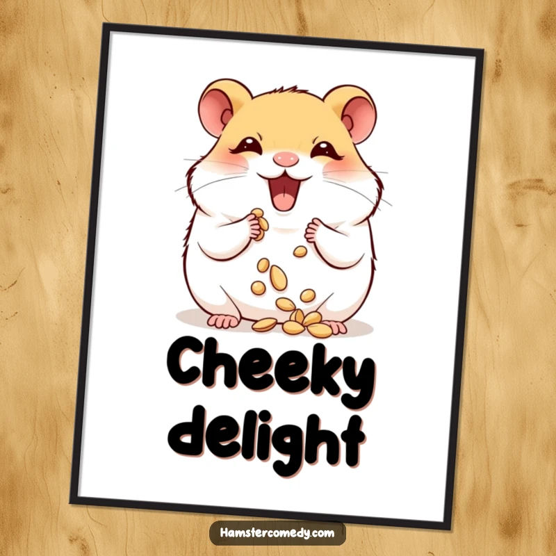 Funny hamster joyfully stuffing its plump cheeks with seeds, a humorous digital art print.