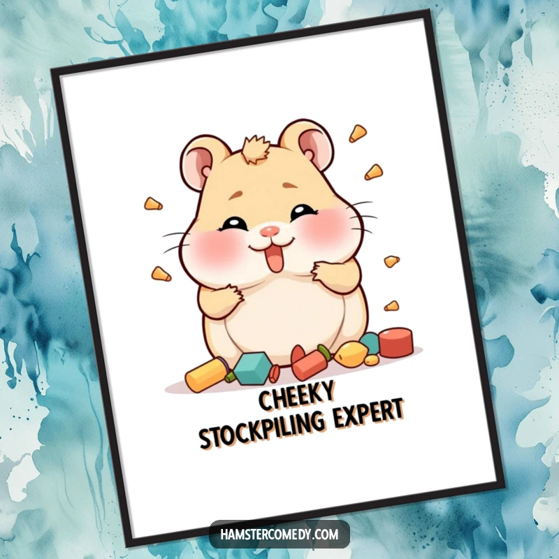 Funny Hamster Digital Art Print with full cheeks comically hoarding items, for instant decorative flair.