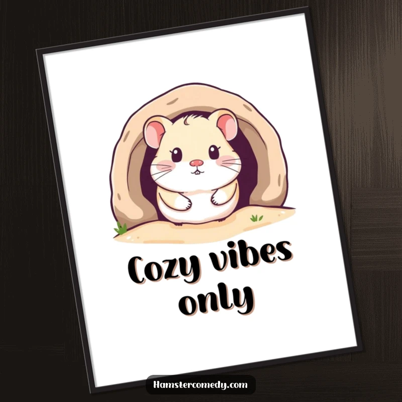 Funny Kawaii Hamster Digital Art Print of a cute hamster peeking from a cozy burrow, perfect for adding charm.