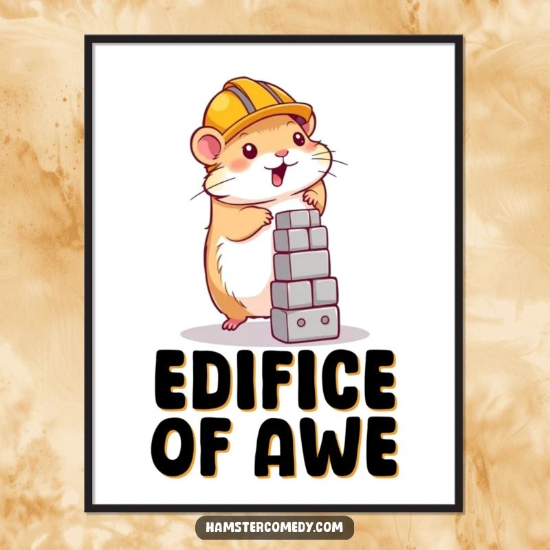 Funny hamster wearing a construction helmet, building a tower, as a digital art print, perfect gift.