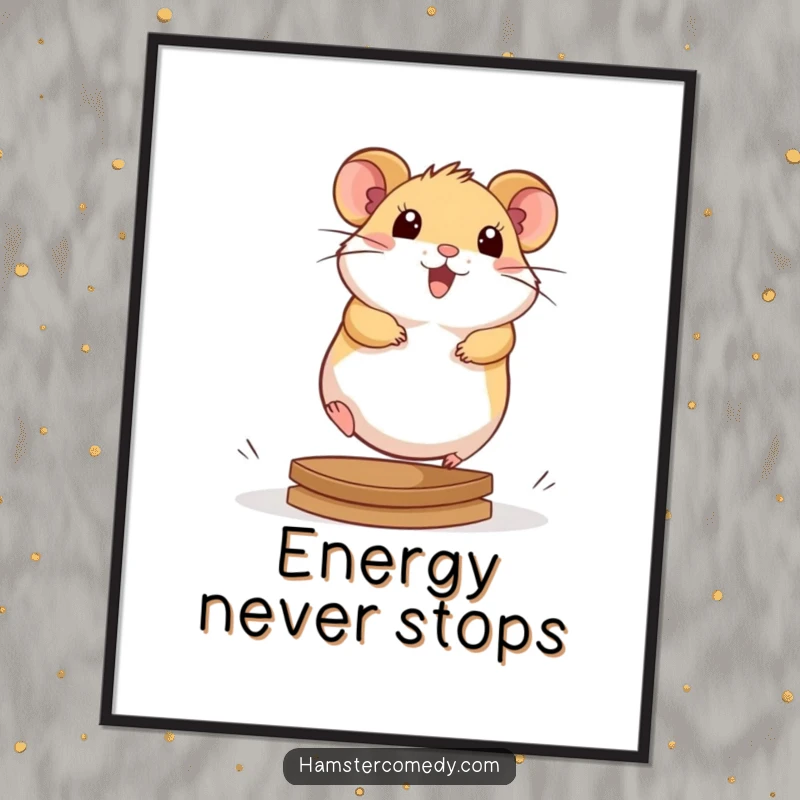 Adorable kawaii hamster running with great energy on a hamster wheel, as a high-resolution digital art print.