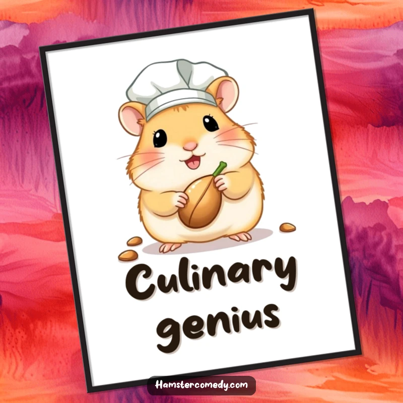 Funny kawaii hamster chef digital art print showing a cute hamster in a chef hat, offering a seed, for instant download.