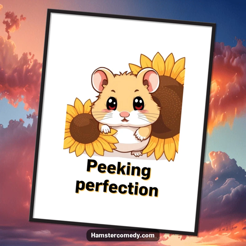 Funny hamster peeking from behind a sunflower seed, as a digital art print, perfect gift.