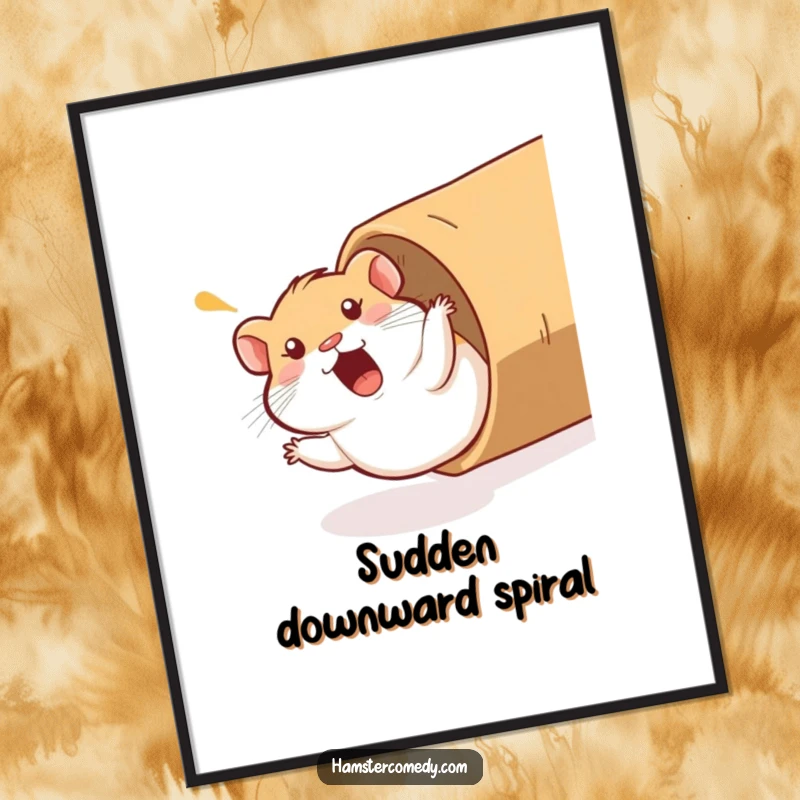 Funny Hamster Art Print: A hamster comically sliding down a cardboard tube with a surprised yelp, a hilarious and energetic digital artwork.