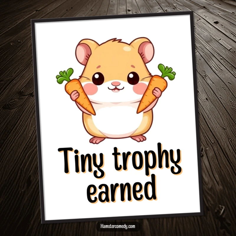 Funny digital art print of a hamster holding two carrots with pride, symbolizing accomplishment and cute resourcefulness.