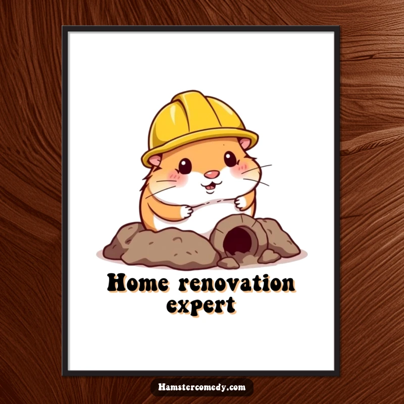 Funny Hamster Digital Art Print: A humorous hamster in a construction helmet digs a small tunnel, perfect for quirky wall decor.