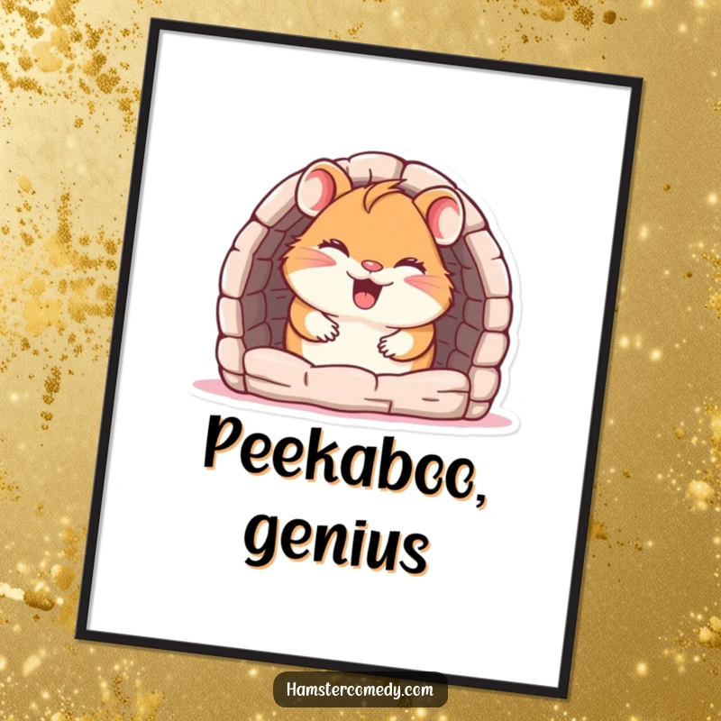 Funny Digital Art Print: A giggling hamster peeks from a maze entrance, radiating pure joy and playful energy.