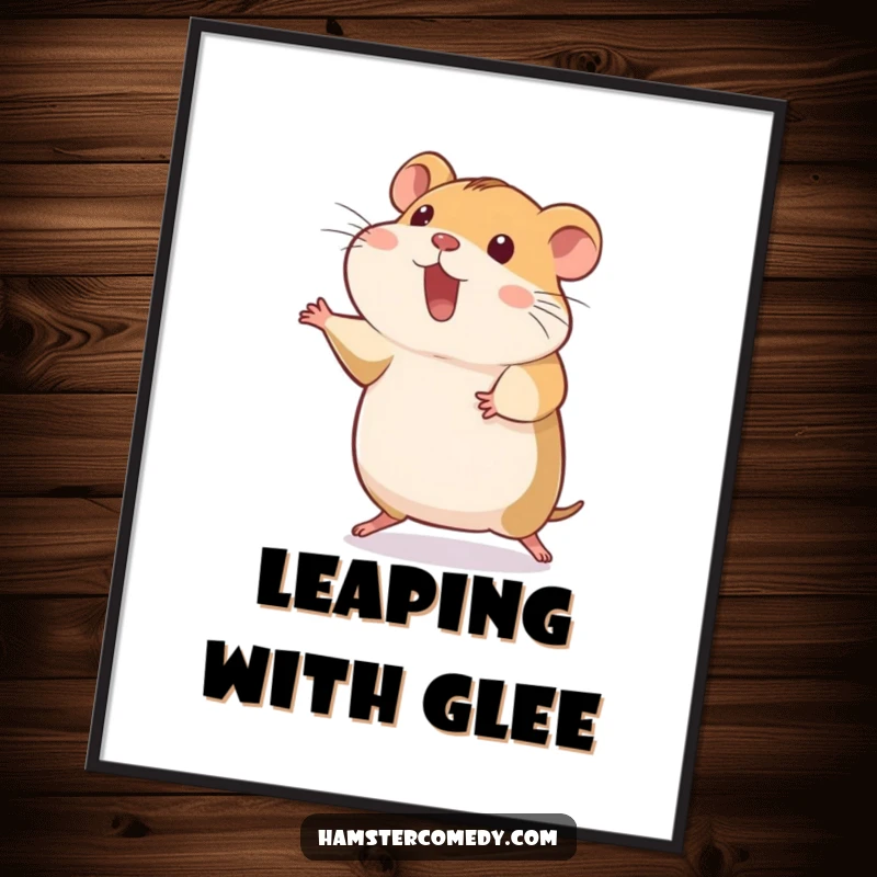 Funny hamster captured mid-hop, back legs stretched, humorous digital art, ideal funny gift.