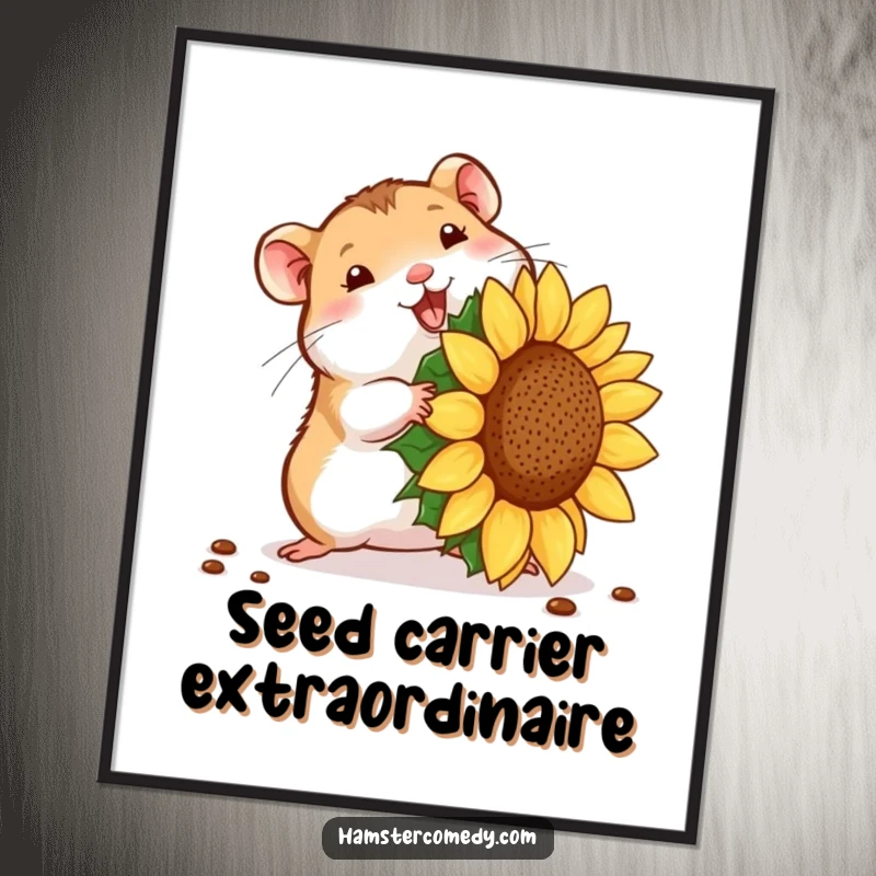 Funny hamster seed struggle digital art print, showing a tiny hamster with an oversized sunflower seed. Instant funny gift.