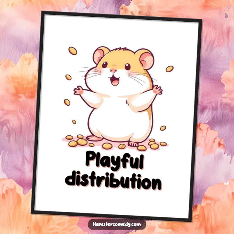 Funny kawaii hamster digital art print showing a cute hamster skillfully juggling tiny seeds, for instant download.