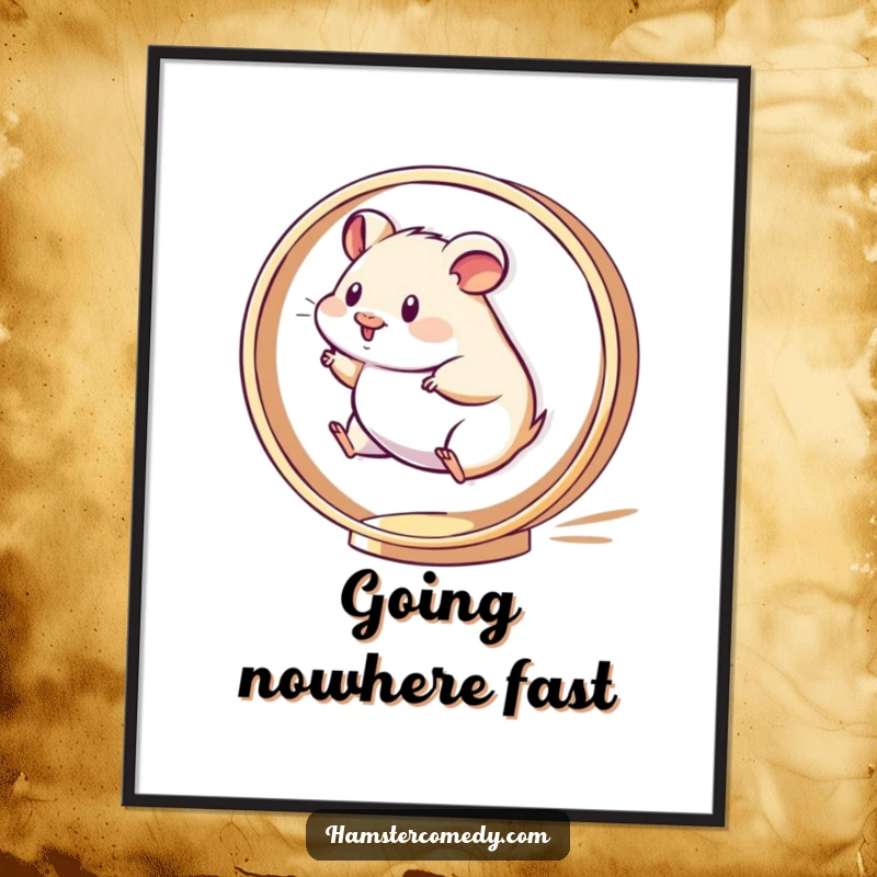 Funny Kawaii Hamster Digital Art Print of a hamster running energetically on a spinning wheel, full of motion.