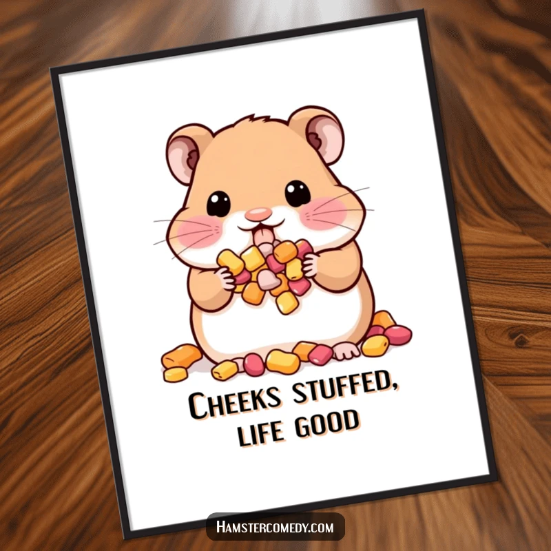 Funny Kawaii Hamster Digital Art Print: A cute hamster with cheeks full of treats, ready to add a snack-loving and humorous touch to decor.