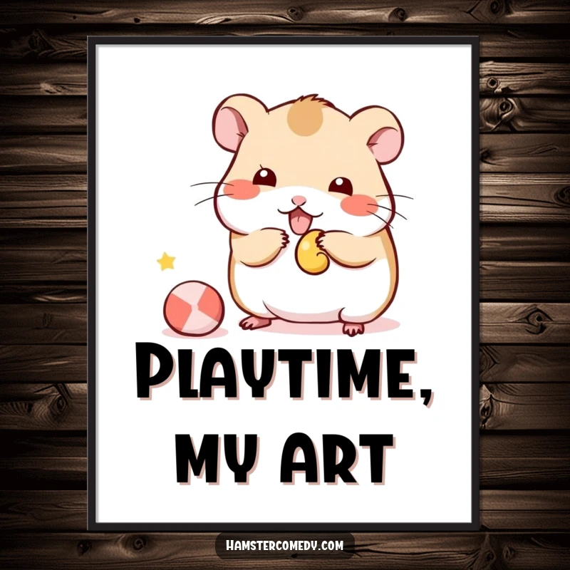 Funny Kawaii Hamster Digital Art Print of a cute hamster playfully batting at a small toy, offering instant visual humor.