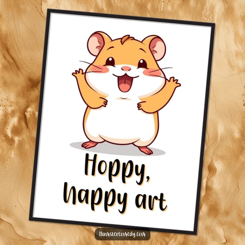 Funny Kawaii Hamster Digital Art Print of a cute hamster doing a silly hop with excitement, offering instant visual joy.