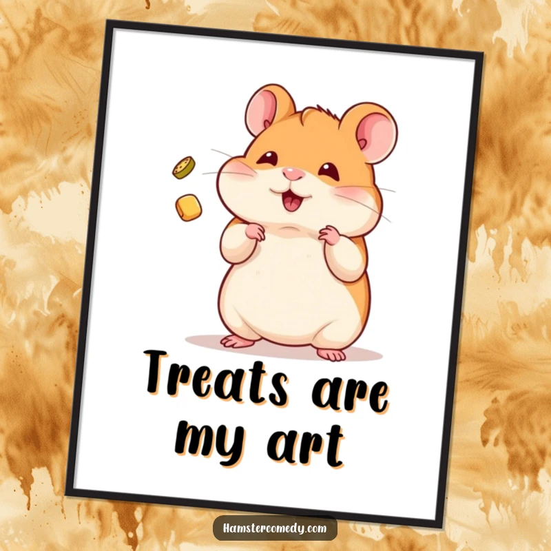 Funny Digital Art Print of a kawaii hamster skillfully juggling a tiny treat.