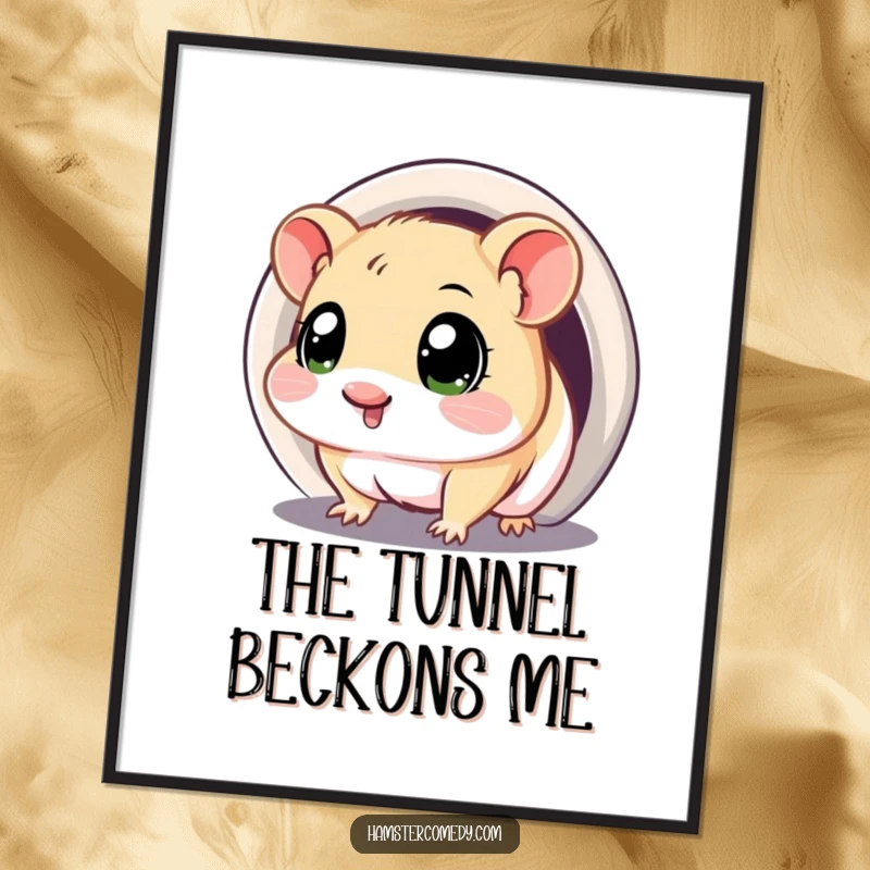 Funny digital art print of a kawaii hamster with big, curious eyes, exploring the dark entrance of a tunnel.