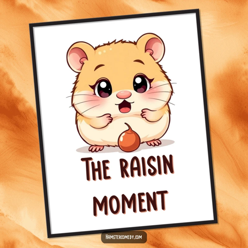 Funny Digital Art Print: A hamster with wide, surprised eyes stares at a dropped raisin, a humorous and captivating artwork.