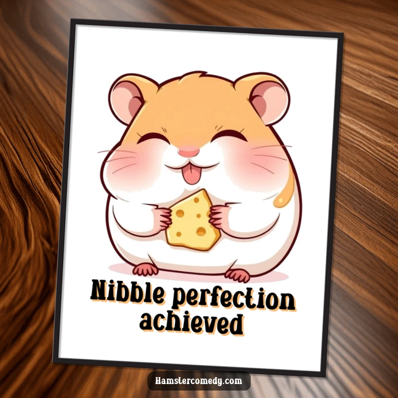 Funny hamster digital art print, eyes closed, happily munching cheese, cute and full of pure foodie bliss.