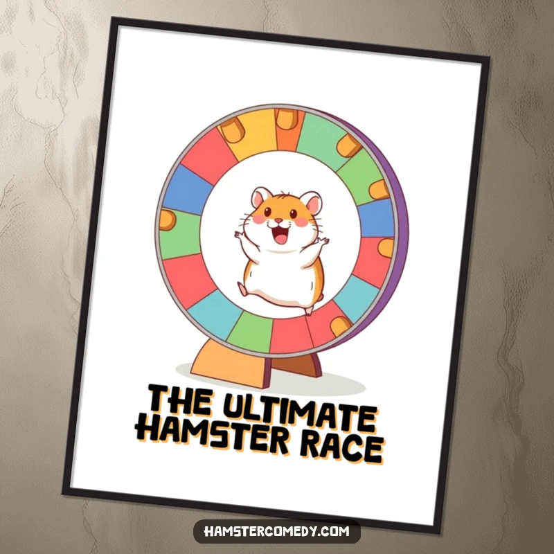 Funny Hamster Digital Art Print showing an excited hamster running on a giant, colorful wheel, for instant decor.