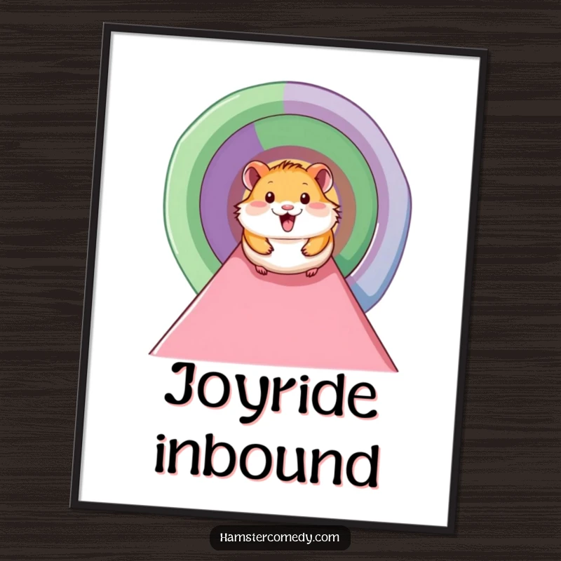 Funny hamster digital art print of a smiling hamster joyfully sliding down a colorful tunnel, perfect for instant, joyful decor.