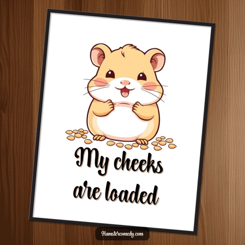 Adorable kawaii hamster with plump cheeks, happily eating seeds, as a high-resolution digital art print for walls.