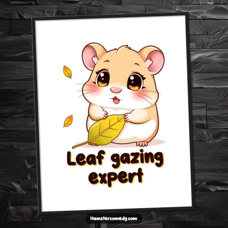 Funny Kawaii Hamster Digital Art Print: A cute, wide-eyed hamster observing a falling autumn leaf, evoking gentle curiosity and seasonal beauty.