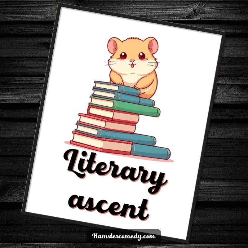 Funny Hamster Digital Art Print: A determined hamster humorously climbs a tall stack of miniature books, perfect for literary wall decor.