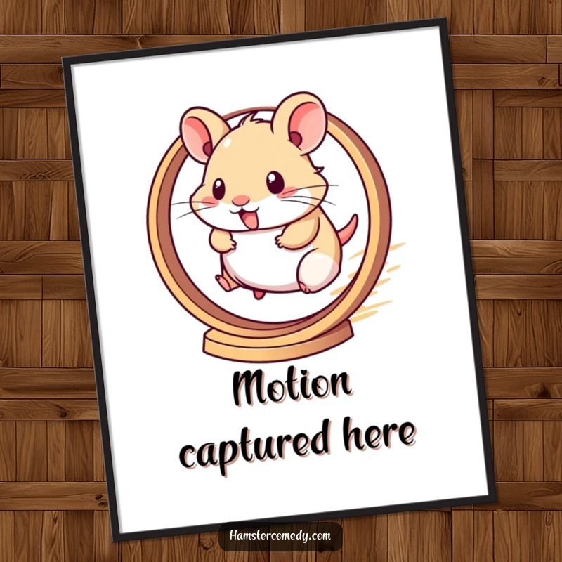 Funny digital art print of a kawaii hamster running with extreme speed on a wheel, perfect for wall decor.