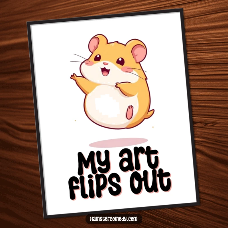 Funny Digital Art Print of a cute kawaii hamster doing a somersault, perfect for adding playful energy to decor.