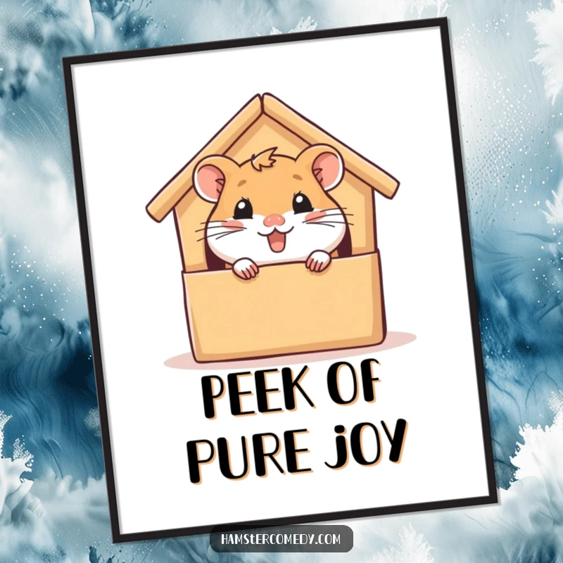 Funny hamster digital art print, peeking from a cardboard house with glee, cute and humorous wall decor, instant download gift.