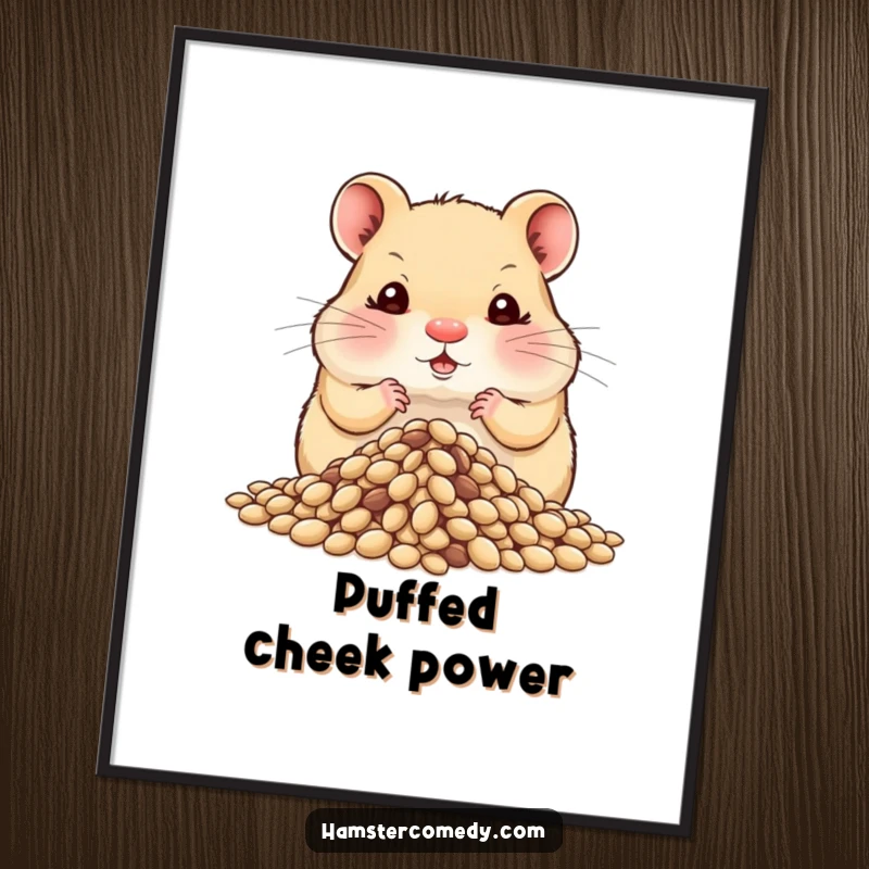 High-resolution funny hamster art, cheeks comically puffed, hoarding a large pile of seeds, perfect for immediate decor.